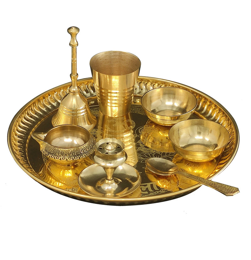 Bengalen Brass Pooja thali Set 8 Inch with Pital Plate Glass Spoon Ghanti Bowl Agarbatti Stand Kuber Diya Puja Thali for Diwali Home Mandir Office Wedding Return Gift Items