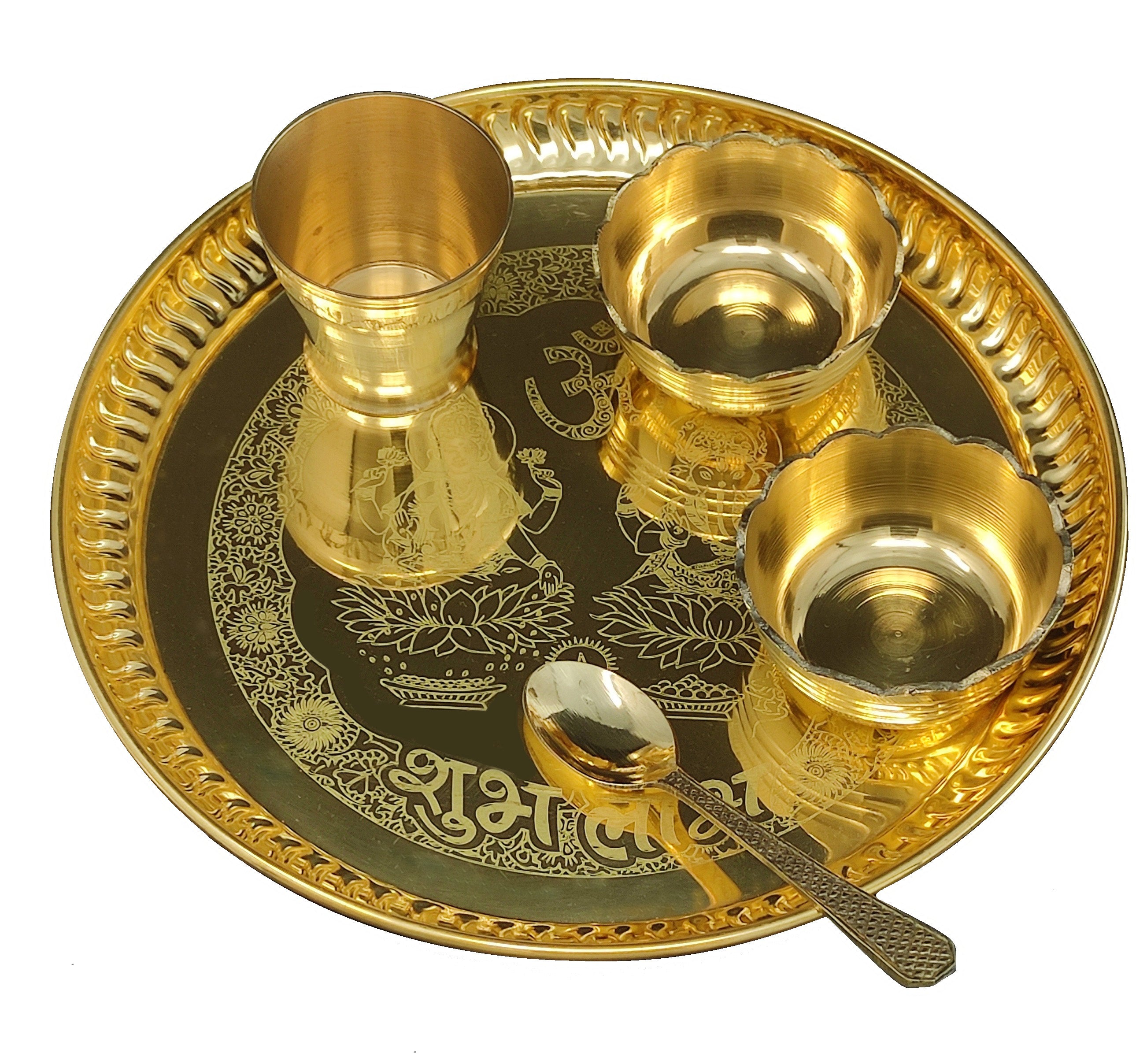 Bengalen Brass Pooja thali Set 8 Inch with Pital Plate Bowl Glass Spoon Daily Puja Bhog Thali for Diwali Home Mandir Office Wedding Return Gift Items