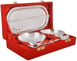 Bengalen Silver Plated Bowl, Spoon, Tray Set for Home Decorative Gift Items