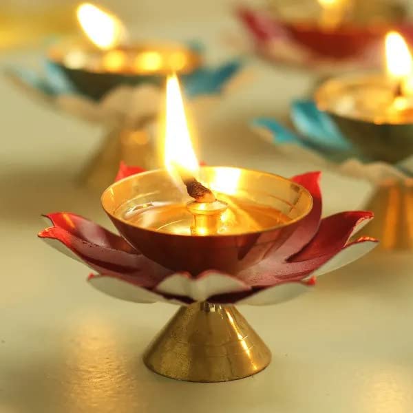 Bengalen Brass Diya Colorful Lotus Flower Petal Kamal Shape Metal Deepak Pooja Traditional Indian Diwali Deepawali Puja Dia Home Temple Decoration Oil Lamp Wedding Return Gift Items Bulk - Red 3 pcs Blue 3 pcs