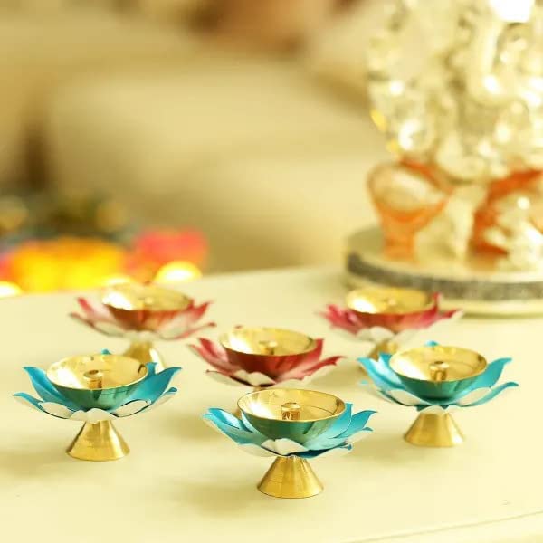 Bengalen Brass Diya Colorful Lotus Flower Petal Kamal Shape Metal Deepak Pooja Traditional Indian Diwali Deepawali Puja Dia Home Temple Decoration Oil Lamp Wedding Return Gift Items Bulk - Red 3 pcs Blue 3 pcs