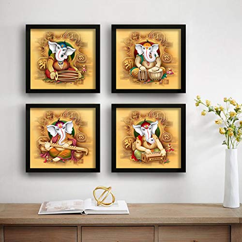 Nobility Ganesha Painting Set of 4 UV Textured Wall Art Ganesh Statues Idols for Home Wall Decor Gift Items