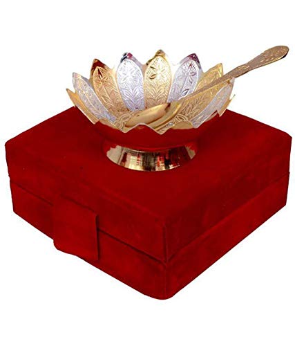 Bengalen Gold and Silver Plated Floral Bowl, Spoon Set Gift Items