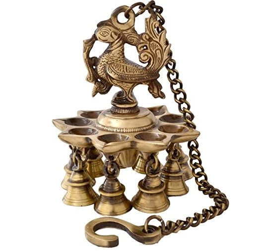 Bengalen Premium Antique Peacock Deepak with Bells and Chain Brass Hanging Diya