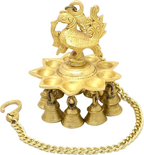 Bengalen Premium Peacock Design Brass Hanging Diya Set with Bells Yellow Antique