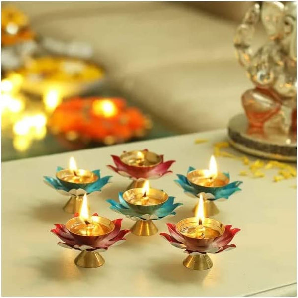Bengalen Brass Diya Colorful Lotus Flower Petal Kamal Shape Metal Deepak Pooja Traditional Indian Diwali Deepawali Puja Dia Home Temple Decoration Oil Lamp Wedding Return Gift Items Bulk - Red 3 pcs Blue 3 pcs