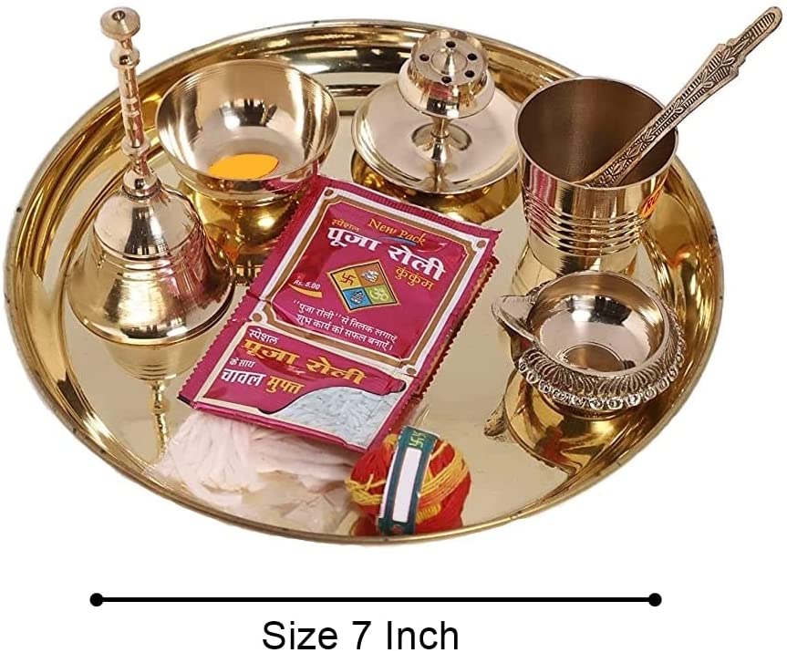 Bengalen Brass Pooja thali Set 7 Inch Festival Ethnic Puja Thali for Diwali Home Office Mandir Wedding Return Gift Items