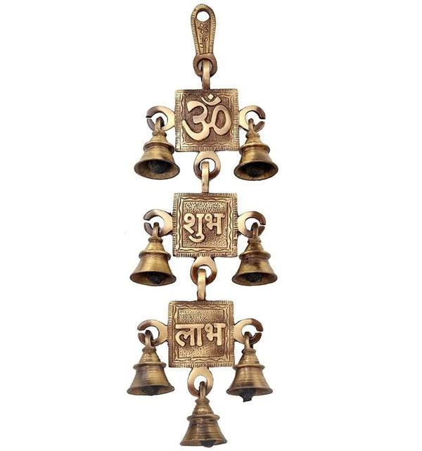 Bengalen Brass Om Subh Labh Bells Wall Hanging Idol Decorative Showpiece Antique Finish Wall Art Decor Statue