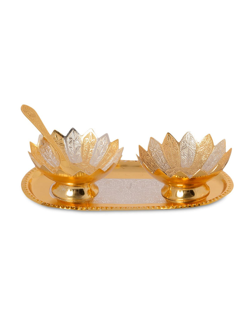 Bengalen Silver and Gold Plated Floral Bowl, Spoon with Tray for Home Decorative Gift Items