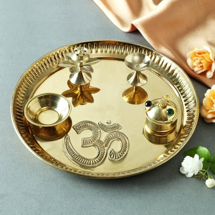 Bengalen Brass Pooja thali Set 8 Inch Festival Ethnic Puja Thali for Diwali Home Office Mandir Wedding Return Gift Items