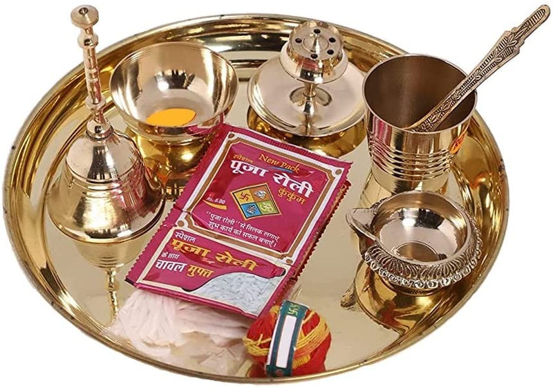 Bengalen Brass Pooja thali Set 7 Inch Festival Ethnic Puja Thali for Diwali Home Office Mandir Wedding Return Gift Items