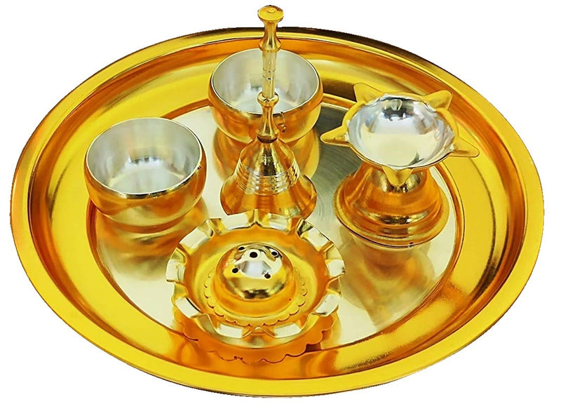 Bengalen Gold & Silver Plated Pooja thali Set 07 Inch Festival Ethnic Puja Thali, Gift for Home, Temple, Office, Wedding Gift