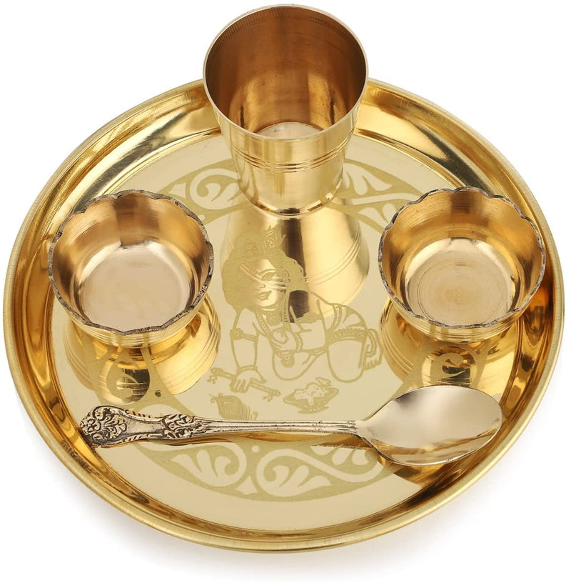 Bengalen Brass Pooja Bhog thali Set 7 Inch Festival Kanha Krishna Thali Puja Set for Diwali Home Office Mandir Wedding Return Gift Items