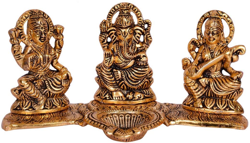 Bengalen Decorative Laxmi Ganesha Saraswati Sitting Diya Statue