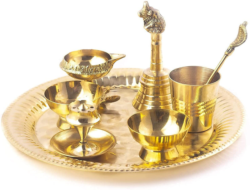 Bengalen Brass Pooja thali Set 8 Inch Festival Puja Thali for Diwali Home Office Mandir Wedding Return Gift Items