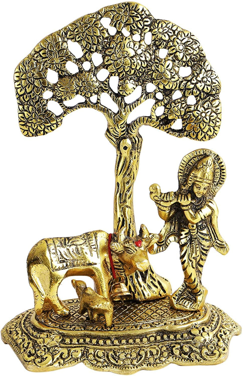 Bengalen Krishna with Cow and Calf Under Tree Idol Hindu Religious Murti for Janmashtami Home Decoration Temple Pooja Decor Wedding Gifts