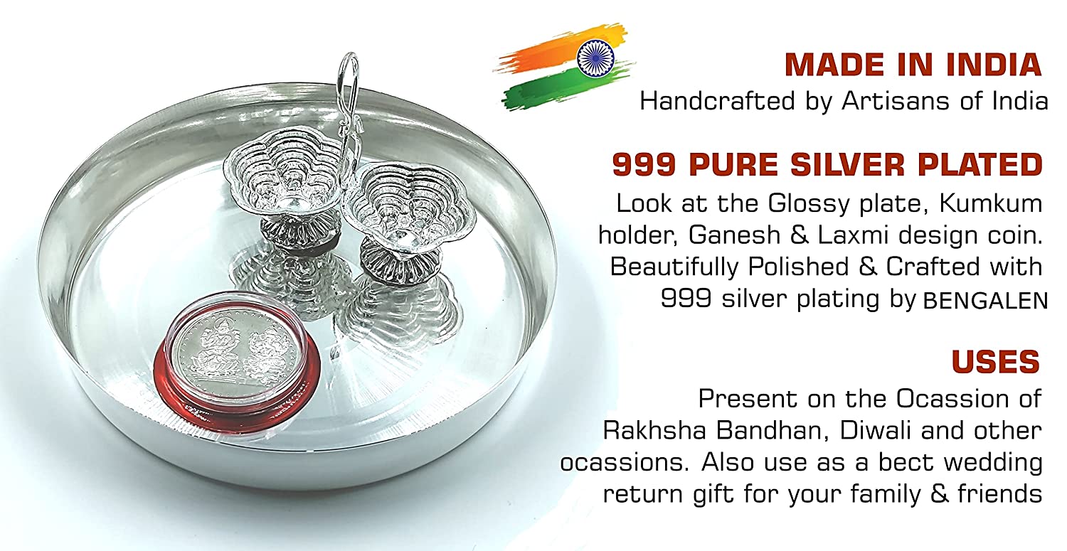 BENGALEN Silver Plated Pooja Thali Set 5 Inch Occasional Puja Thali Decorative for Diwali, Home, Office, Wedding Return Gift Items