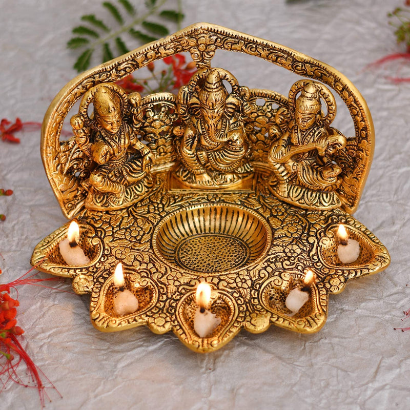 Bengalen Ganesh Lakshmi Saraswati Idol with Diya Oil Deepak Metal Lakshmi Ganesha Showpiece Statue for Puja Home Decorative Items Gift Items