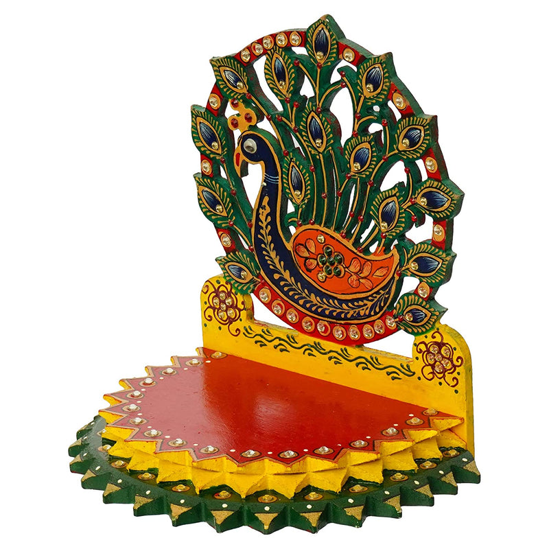 Bengalen Wooden Peacock Shape Laddu Gopal Singhasan for God Idols & Gifts Mandir Decoration Item God Sihasan Home and Office (8 x 6 x 8.5 cm)