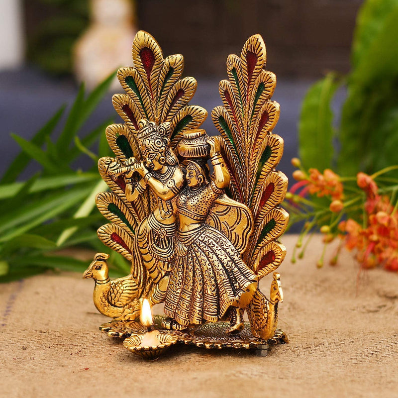 Bengalen Metal Gold Plated Radha Krishna Idol Statue with Diya Peacock Design Hindu Religious Radha Krishan Showpiece