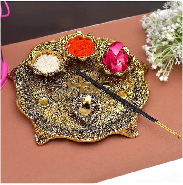 Bengalen Metal Pooja thali Set 8 Inch for Festival Ethnic Puja Thali for Diwali, Home, Temple, Office, Wedding Return Gift Items