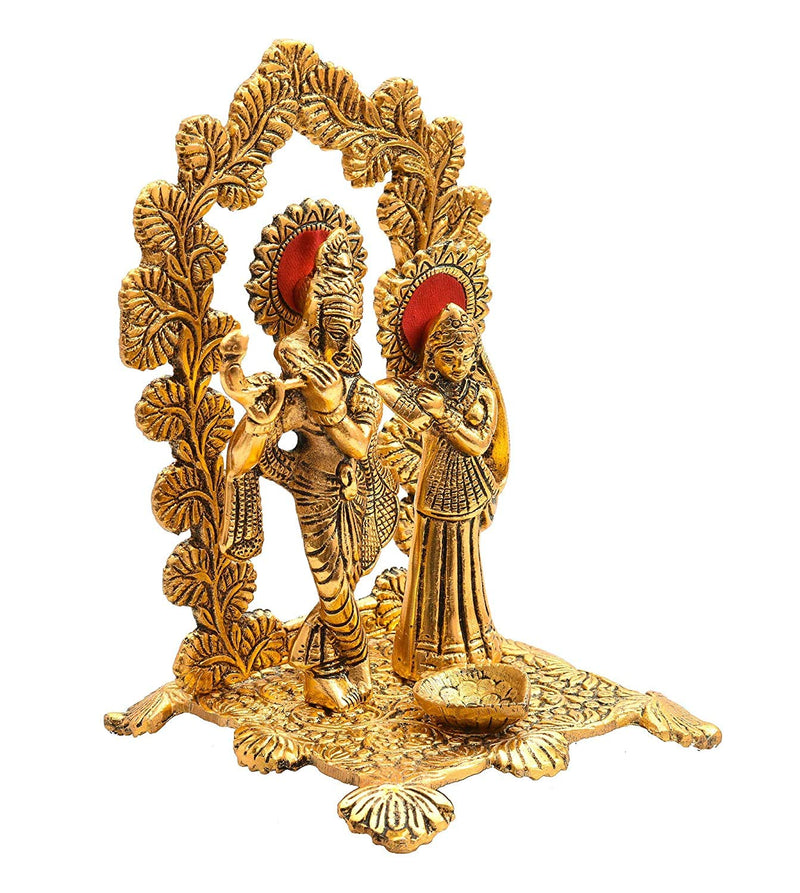 Bengalen Metal Gold Plated Radha Krishna Idol Statue with Diya Hindu Religious Radha Krishan Showpiece