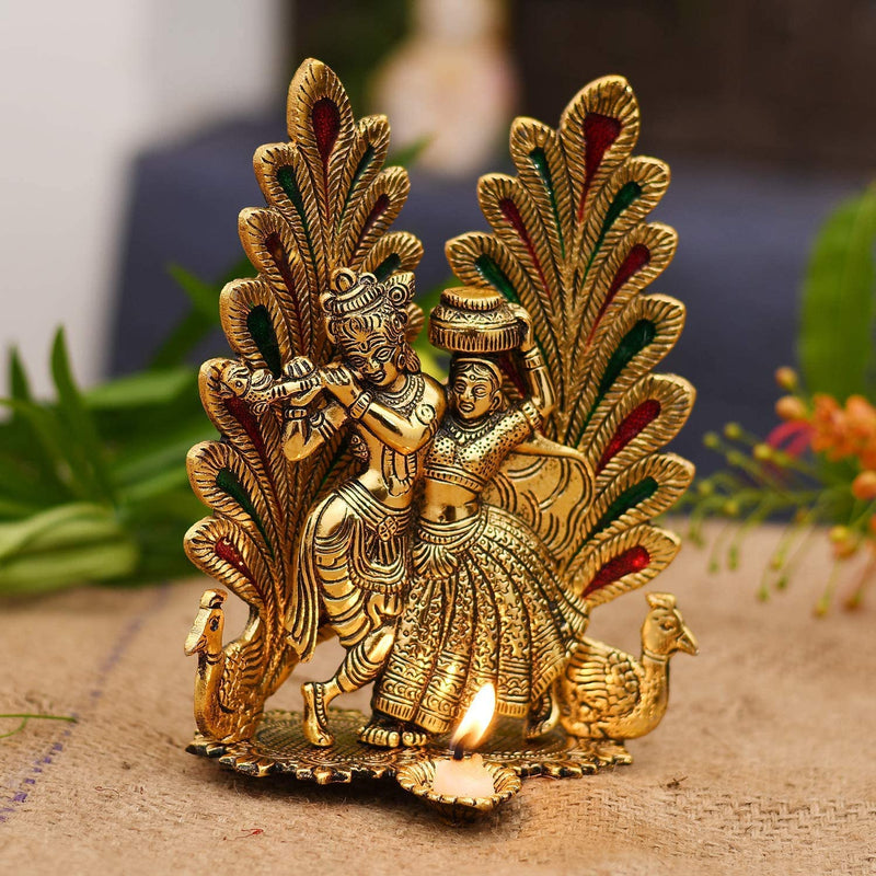 Bengalen Metal Gold Plated Radha Krishna Idol Statue with Diya Peacock Design Hindu Religious Radha Krishan Showpiece