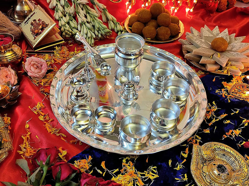 Bengalen Premium Silver Plated Puja Thali Set 12 Inch with Accessories for Festival Ethnic Pooja Thali Set Gift for Home, Temple, Office, Wedding Gift