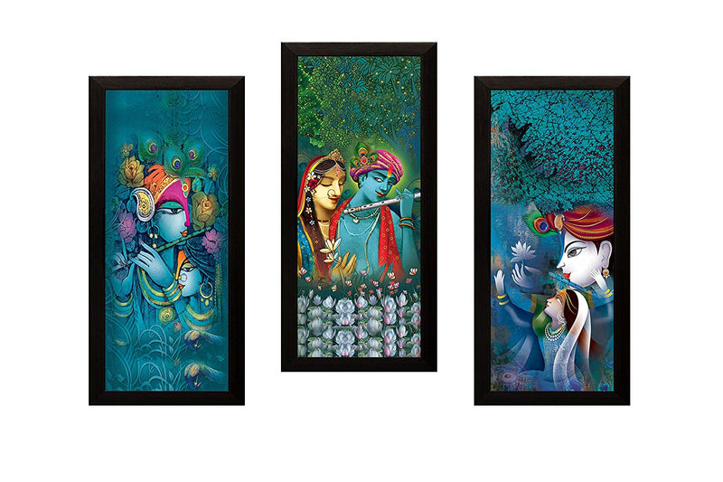 Nobility Radha Krishna UV Matte Textured Framed Modern Art Painting Synthetic Wood Statues Set of 03 for your home, office, puja Mandir, Pooja Ghar