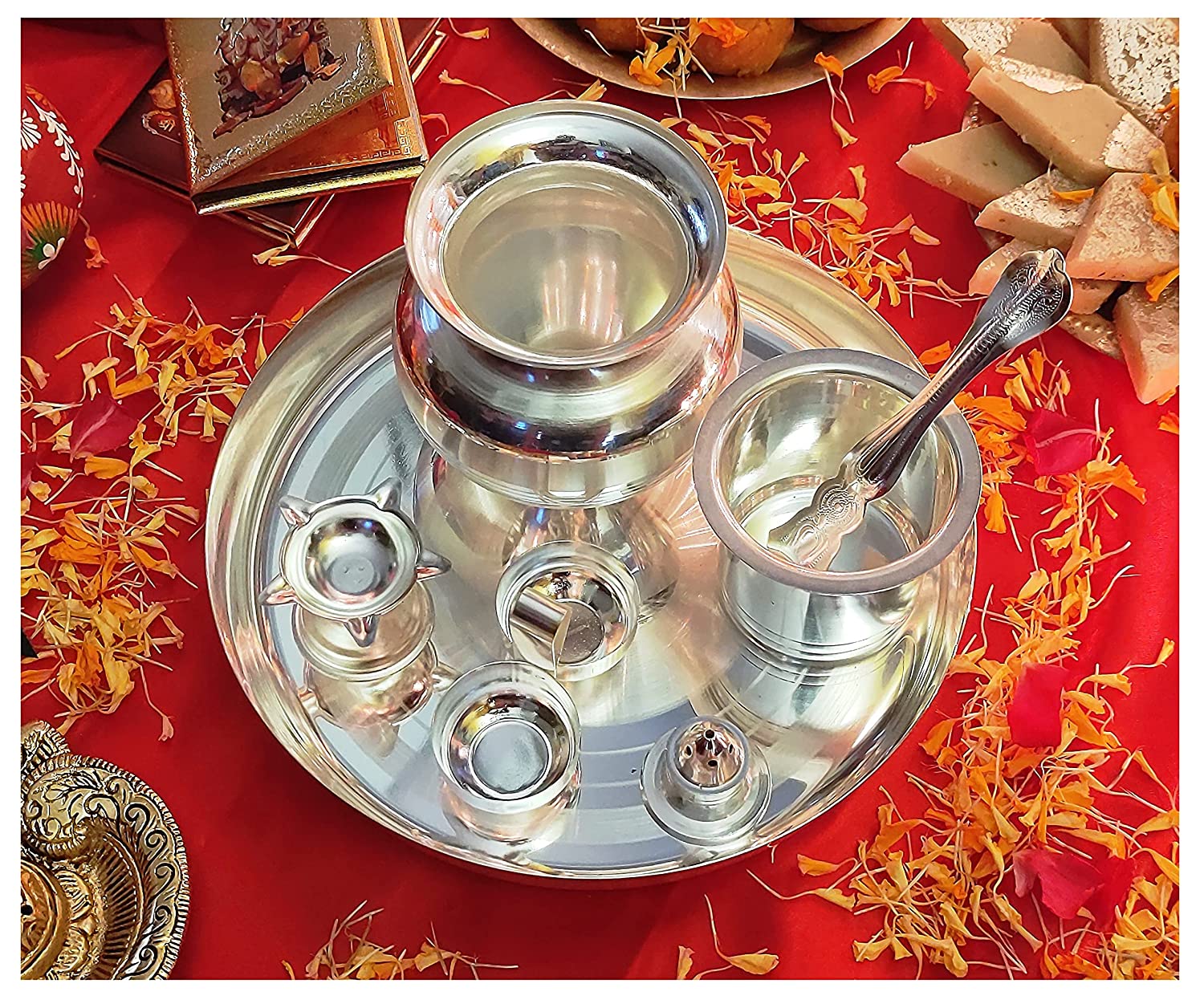 Bengalen Silver Plated Pooja thali Set 08 Inch for Festival Ethnic Puja Thali Gift for Diwali, Home, Temple, Office, Wedding Gift