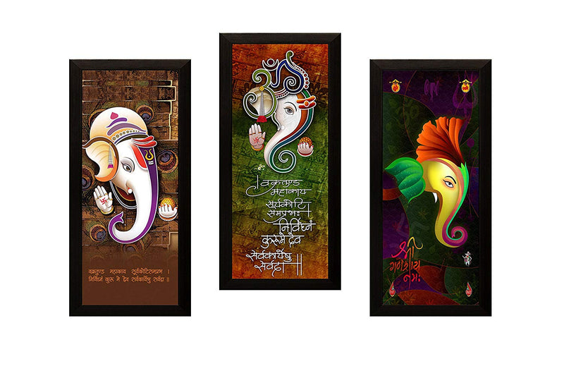 Nobility Ganesha UV Matte Textured Framed Modern Art Painting Synthetic Wood Statues Set of 03 for your home, office, puja Mandir, Pooja Ghar