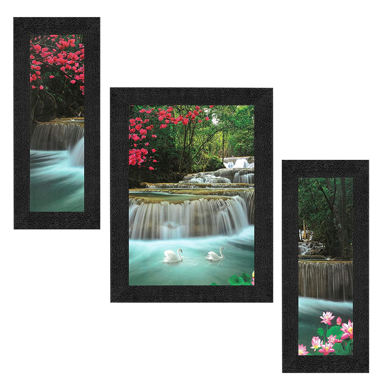 Nobility Set of 3 Waterfall in Forest Nature UV Coated Home Decorative Gift Item Framed Painting