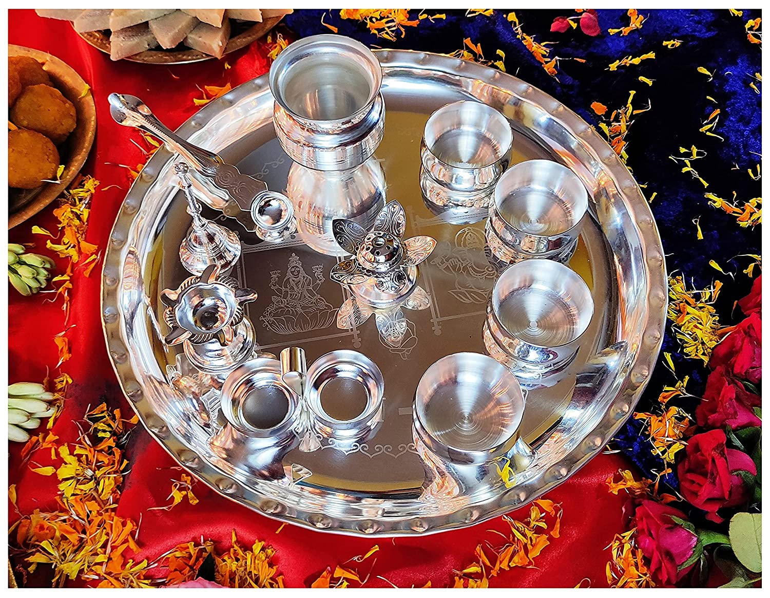 বেঙ্গলেন প্রিমিয়াম সিলভার প্লেটেড পূজা থালি সেট 12 ইঞ্চি উত্সবের জন্য আনুষাঙ্গিক জাতিগত পূজা থালি সেট উপহার বাড়ি, মন্দির, অফিস, বিবাহের উপহারের জন্য