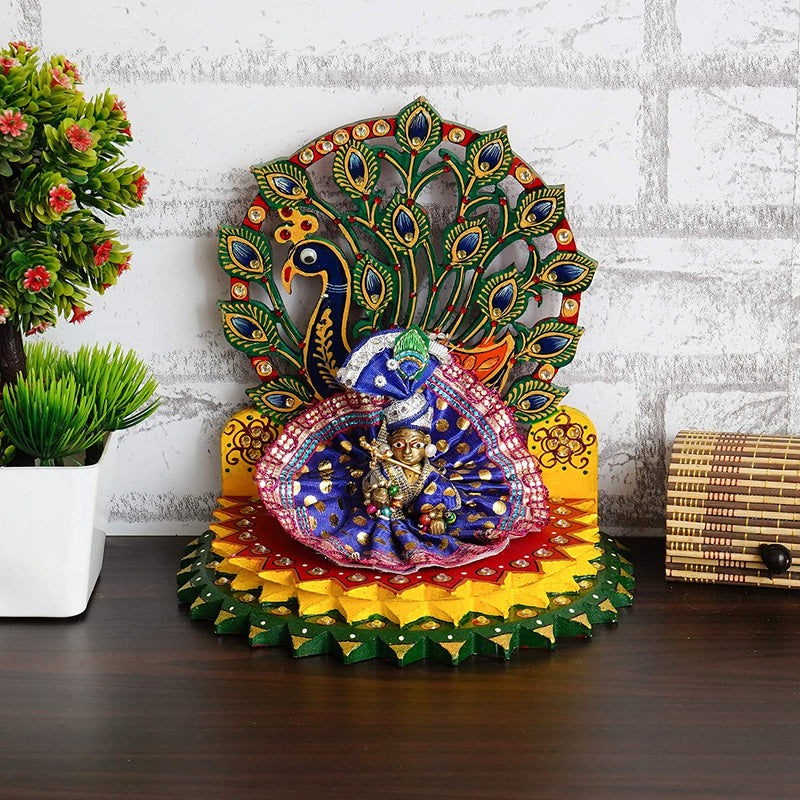 Bengalen Wooden Peacock Shape Laddu Gopal Singhasan for God Idols & Gifts Mandir Decoration Item God Sihasan Home and Office (8 x 6 x 8.5 cm)