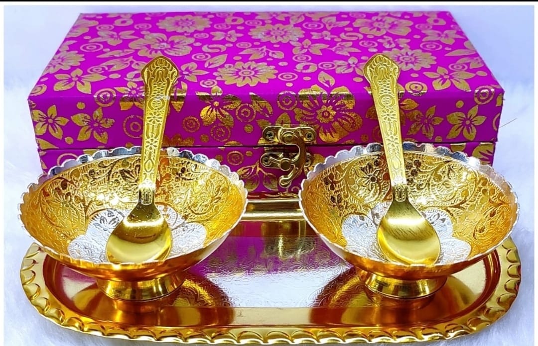 Bengalen Gold and Silver Plated Bowl, Spoon, Tray Set Premium Quality for Home Decorative Gift Items