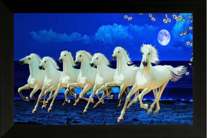 Nobility Vastu Seven Running Horses Ink Painting Synthetic Framed Wall Art